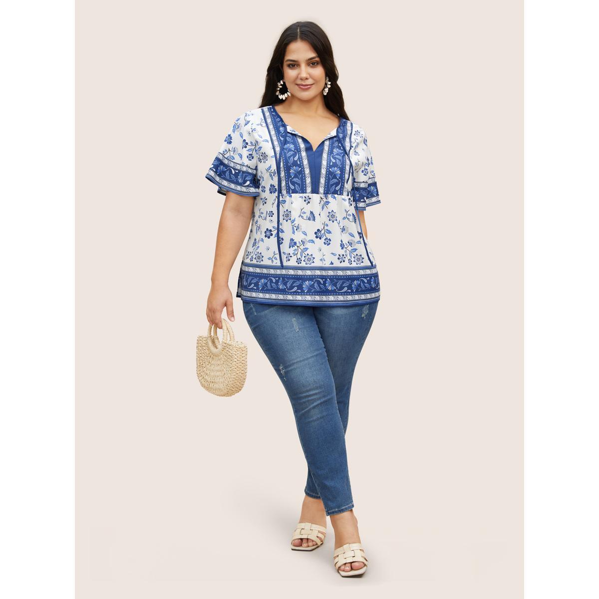 Plus Size Aegean Boho Print Tie Knot Ruffle Sleeve Blouse Women Resort Short sleeve Flat collar with V-notch Vacation Blouses BloomChic 28/5X Product Image