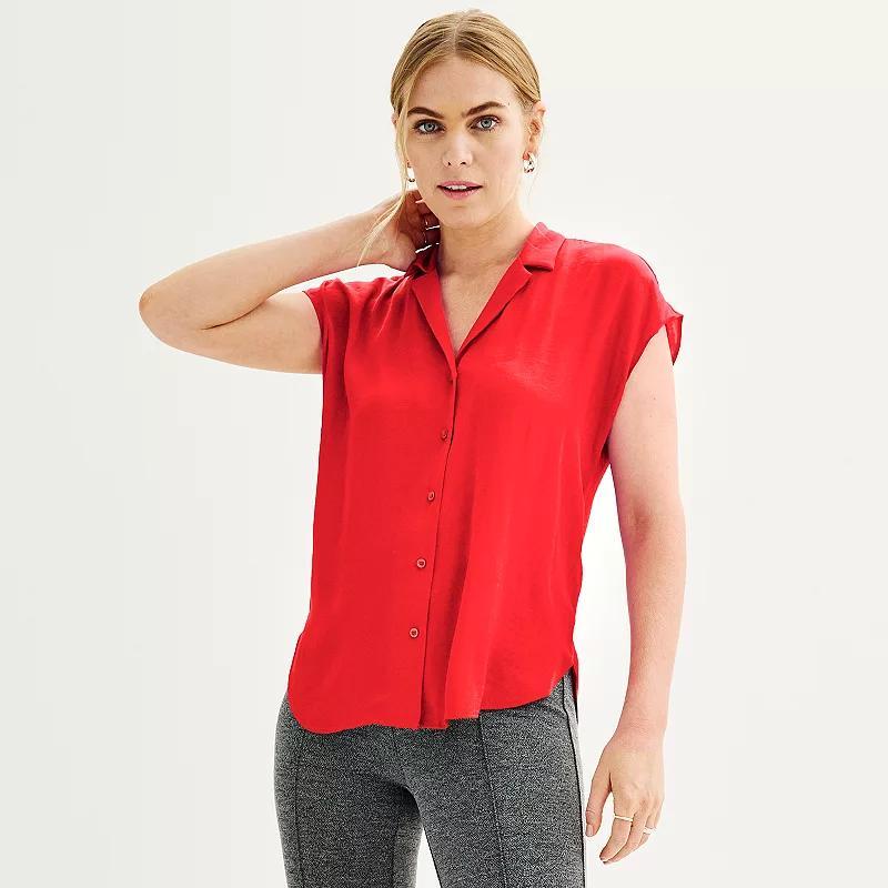 Women's Petite Nine West Short Sleeve Easy Lapel Shirt, Size: XXL Petite, Black Product Image