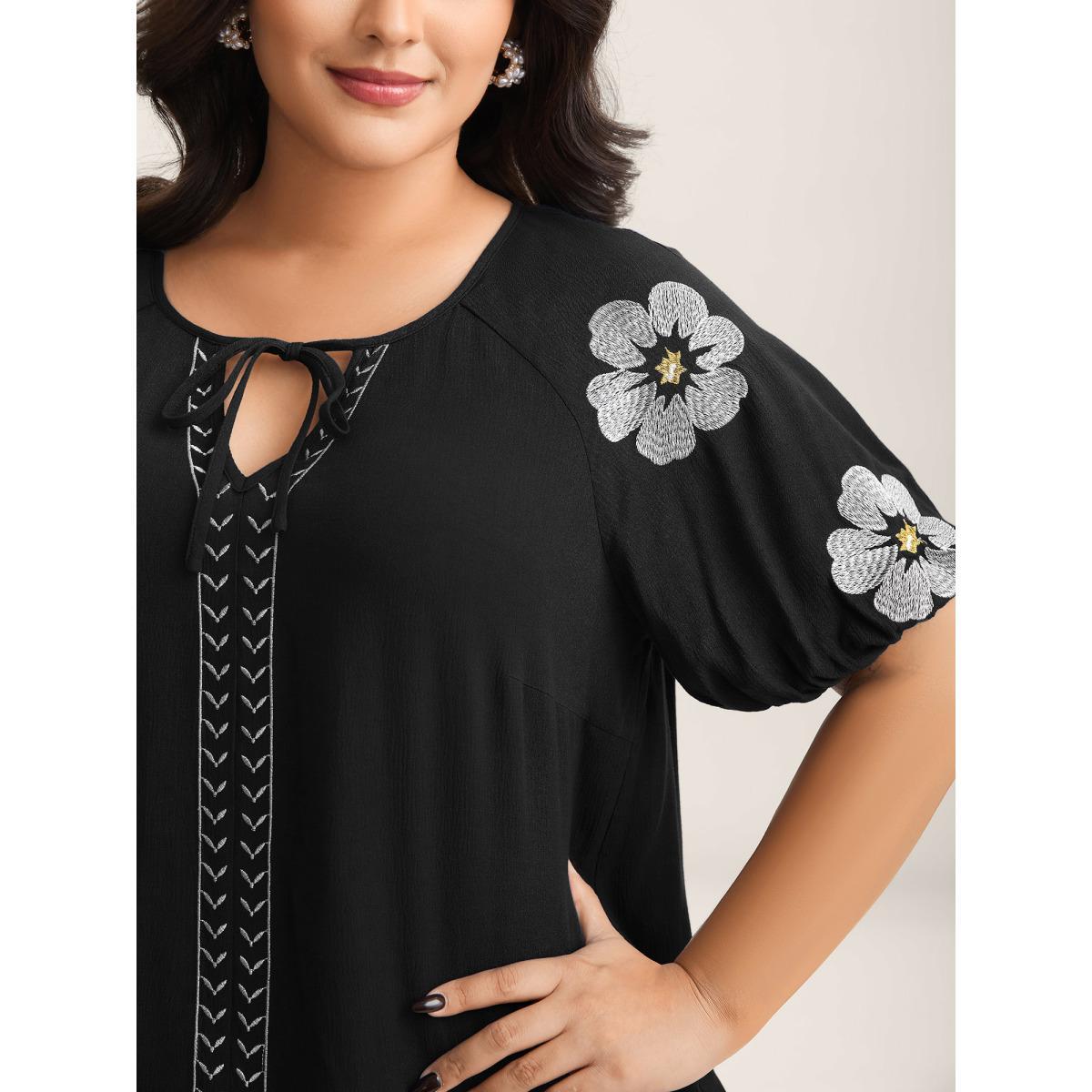 Plus Size Black Floral Embroidery Textured Neck Tie Blouse Women Half Sleeve Flat collar with V-notch Everyday-Elegant Blouses BloomChic 22-24/3X Product Image