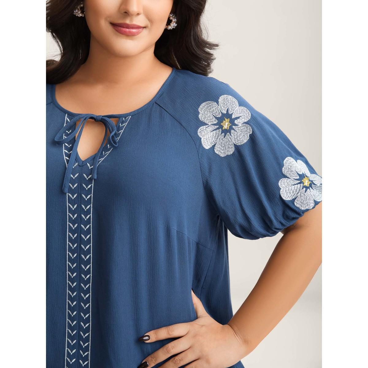 Plus Size DarkBlue Floral Embroidery Textured Neck Tie Blouse Women Half Sleeve Flat collar with V-notch Everyday-Elegant Blouses BloomChic 30/6X Product Image