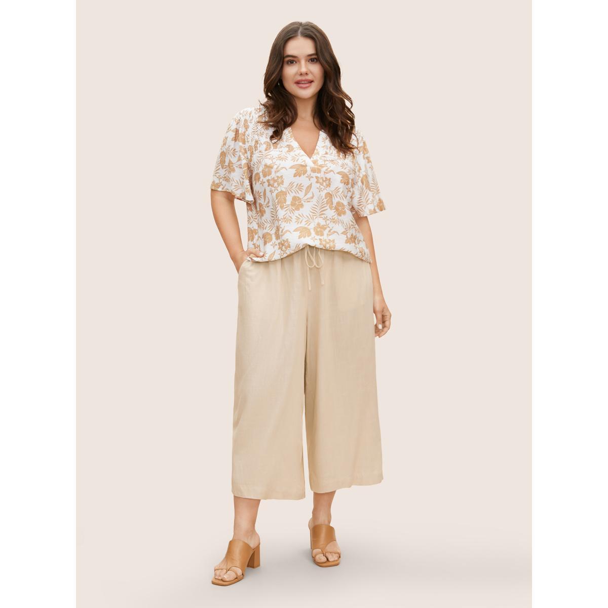 Plus Size Linen Blend Drawstring Mid Rise Wide Leg Pants Women Beige Casual Wide Leg Mid Rise Everyday Pants BloomChic 10/M Product Image