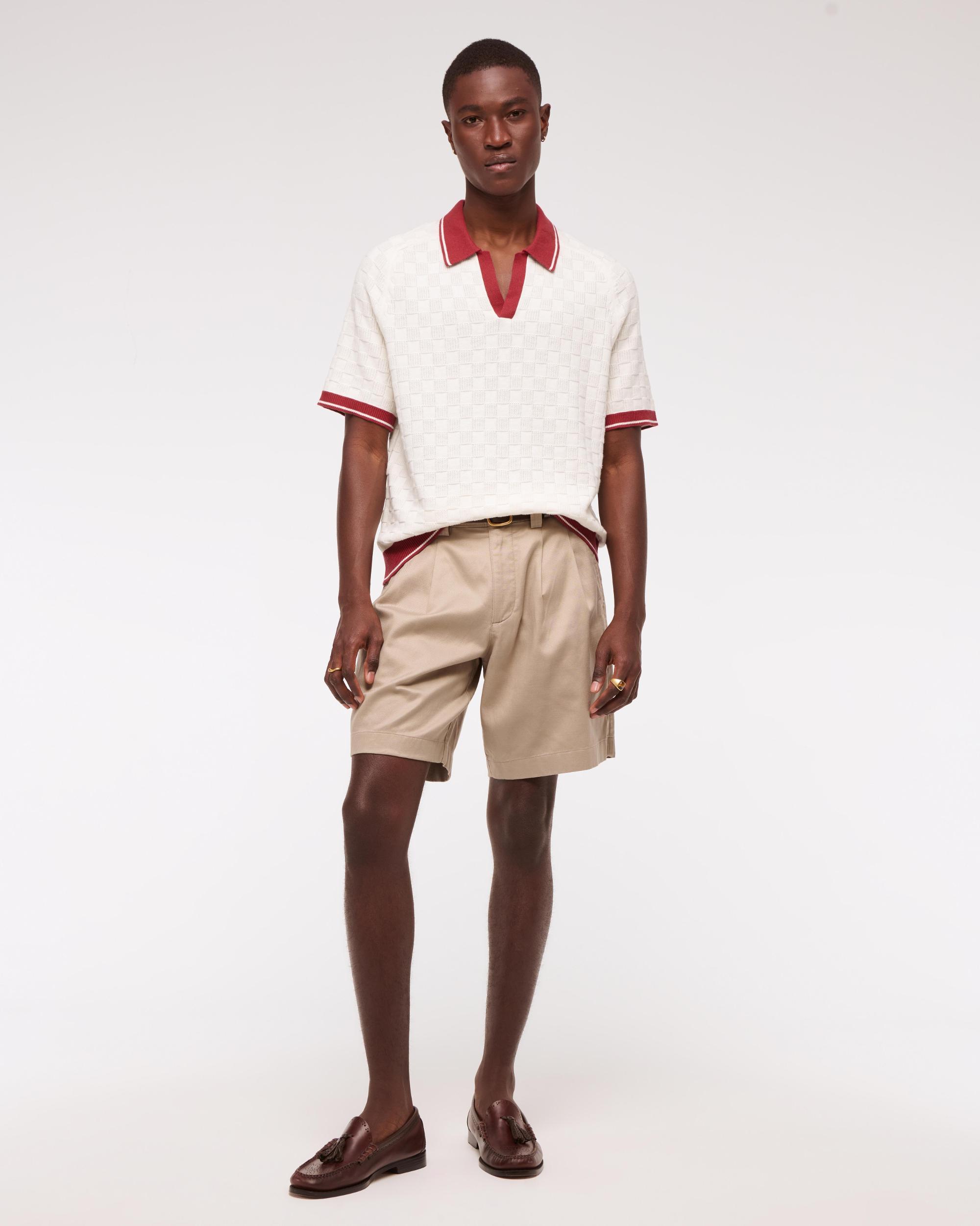 Cropped Checkered Stitch Johnny Collar Sweater Polo Product Image