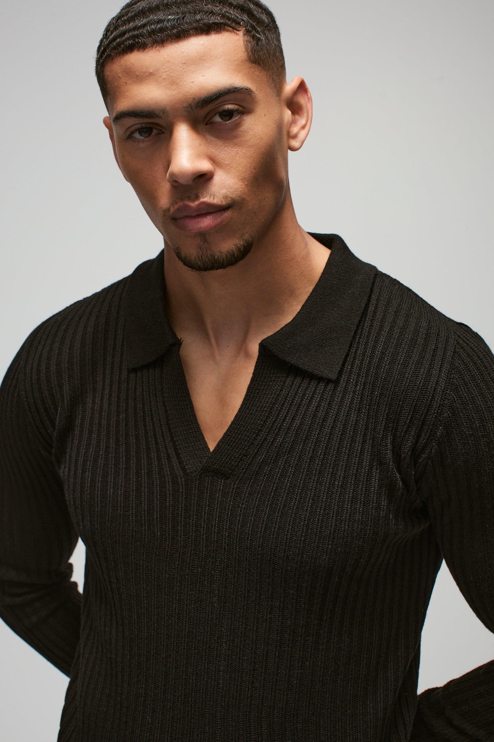 Regular Fit Ribbed V Neck Collar Knitted Polo | boohooMAN USA Product Image