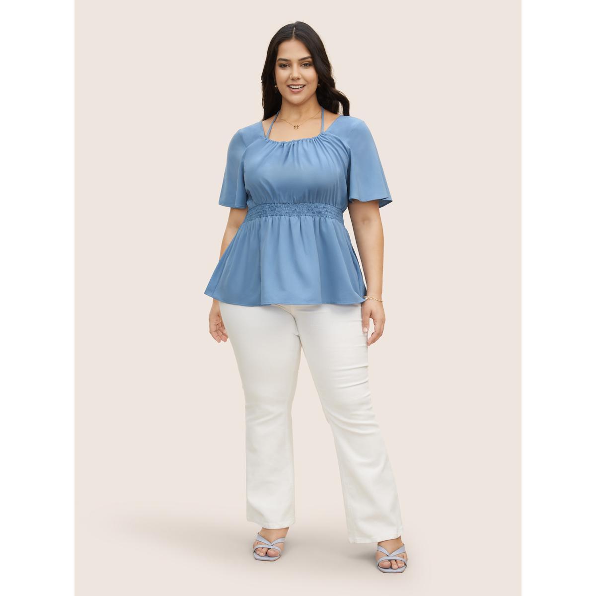 Plus Size LightBlue Plain Halter Neck Shirred Tie Knot Blouse Women Elegant Short sleeve Halter neck Everyday Blouses BloomChic 18-20/2X Product Image