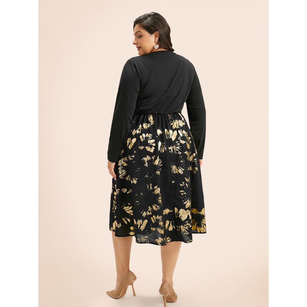 Plus Size Brush Glitter Pocket Patchwork Dress Black Women Party Printed V-neck Long Sleeve Curvy Midi Dress BloomChic 18-20/2X Product Image