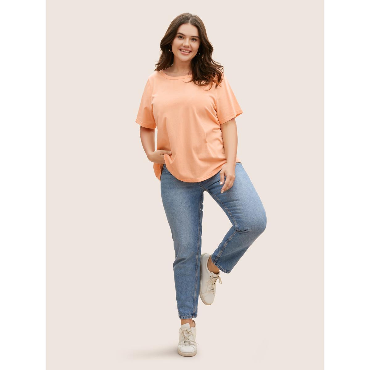 Plus Size Cotton Round Neck Back Cut Out T-shirt Lightorange Women Casual Cut-Out Round Neck Everyday T-shirts BloomChic 26/4X Product Image