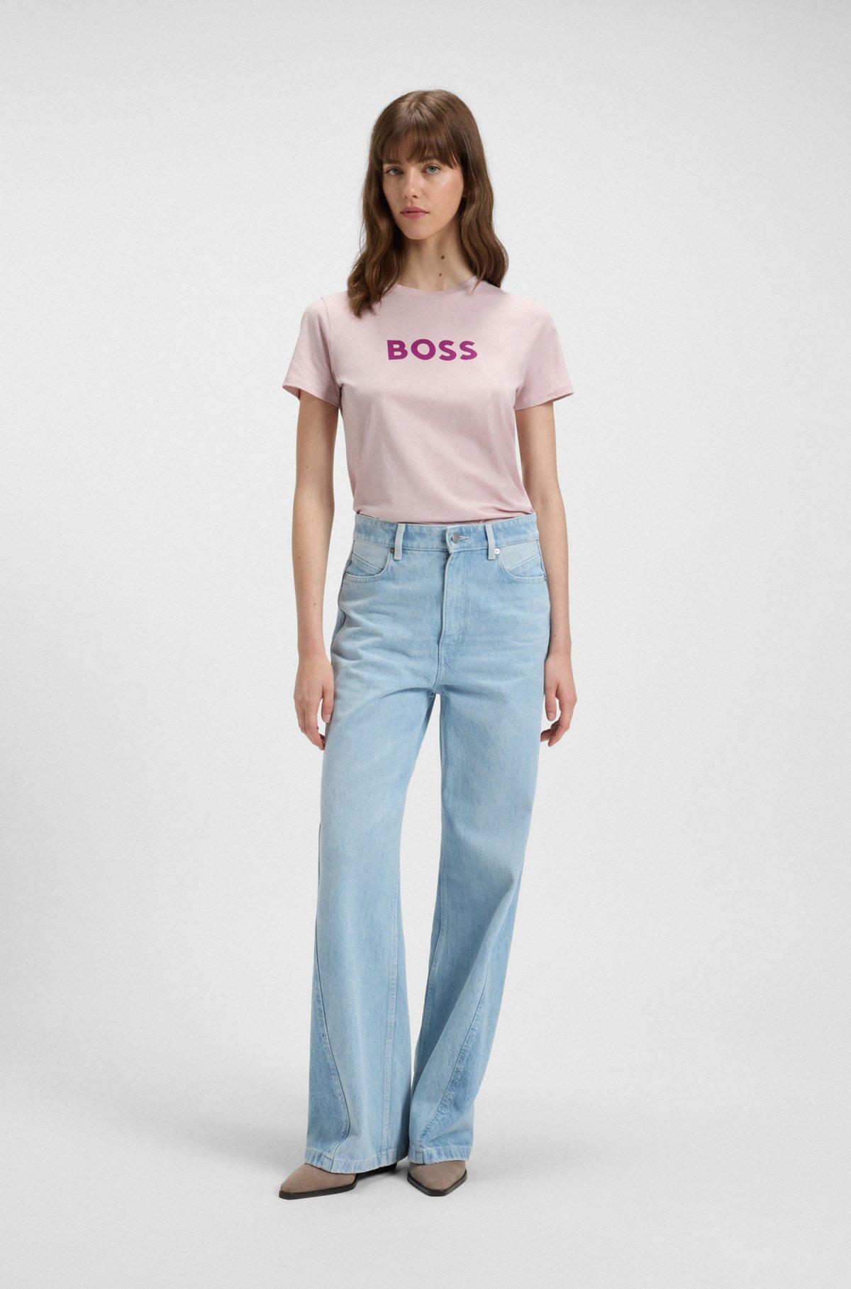 BOSS - Cotton T-shirt with contrast logo stripe - Light Purple Product Image