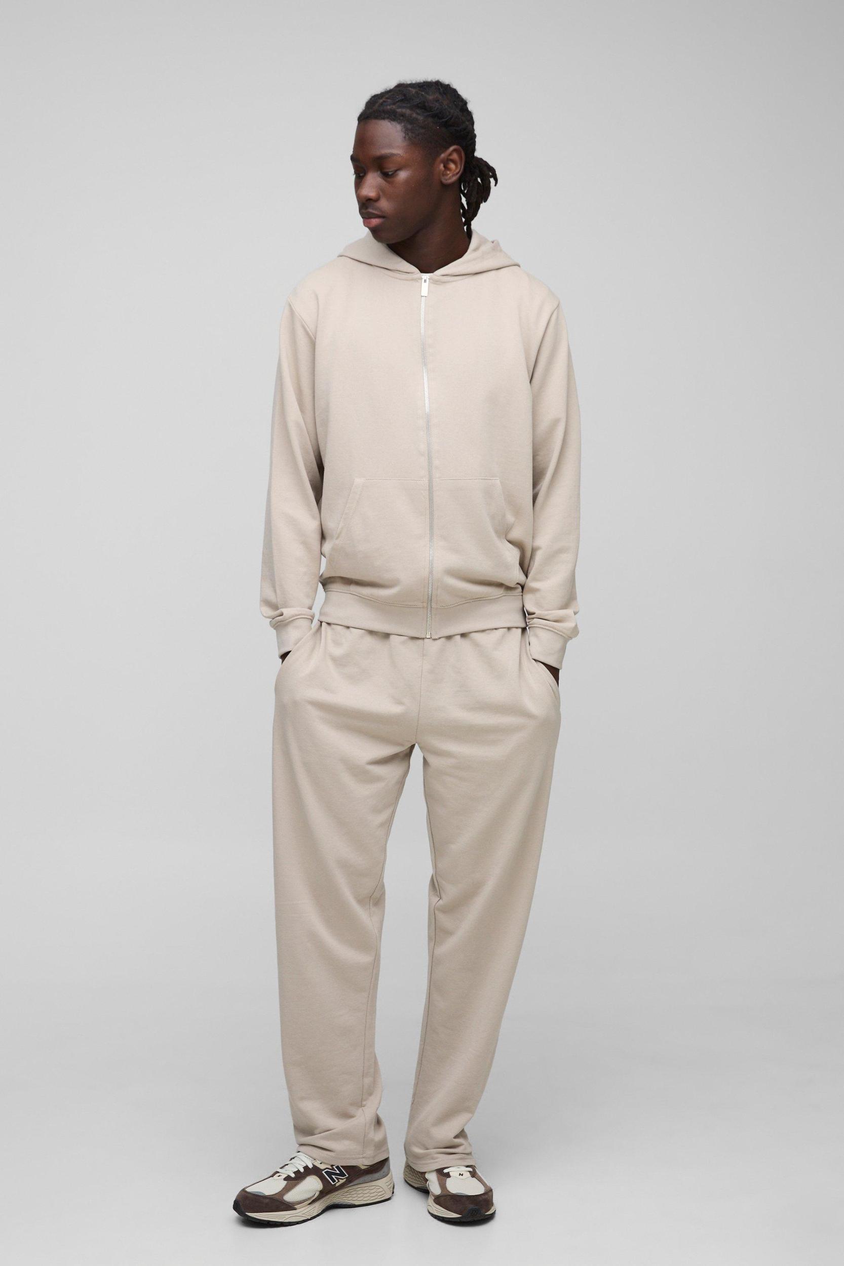 Mens 260GSM Loopback Basic Regular Fit Zip Through Hoodie and Straight Leg Sweatpants Set - Beige Product Image