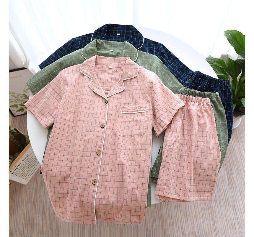 Couple Matching Pajama Set: Short-Sleeve Collared Plaid Top + Elastic Waist Shorts Product Image