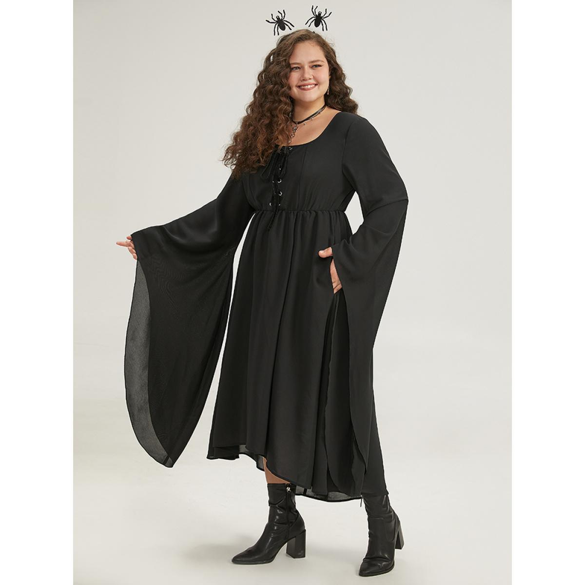 Plus Size Halloween Plain Lace Up Bell Sleeve Dress Black Women Elegant Plain Round Neck Long Sleeve Curvy Midi Dress BloomChic 26/4X Product Image