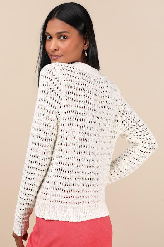 Breezy Attitude Ivory Loose Knit Button-Up Cardigan Sweater Product Image