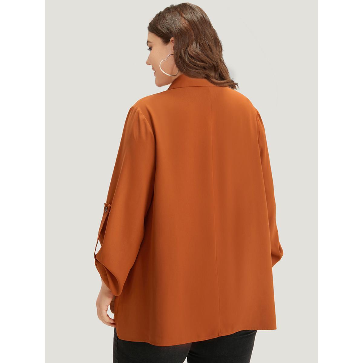 Plus Size Plain Button Up Tab Sleeve High Low Hem Blazer Chocolate Women Work Plain Drape Sleeve Long Sleeve Lapel Collar 28/5X At the Office Blazers BloomChic Product Image