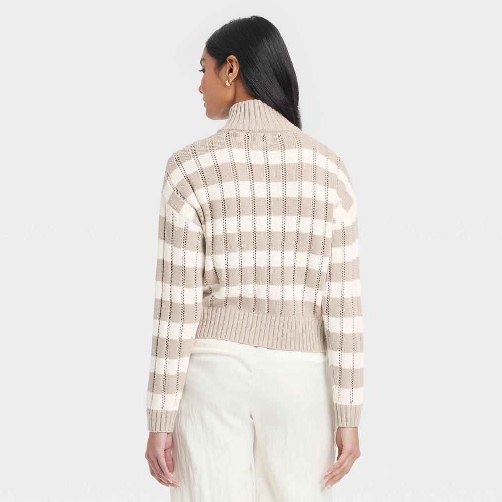 Womens Mock Turtleneck Quarter Zip Pullover Sweater - A New Day Beige/Cream Striped XL Product Image