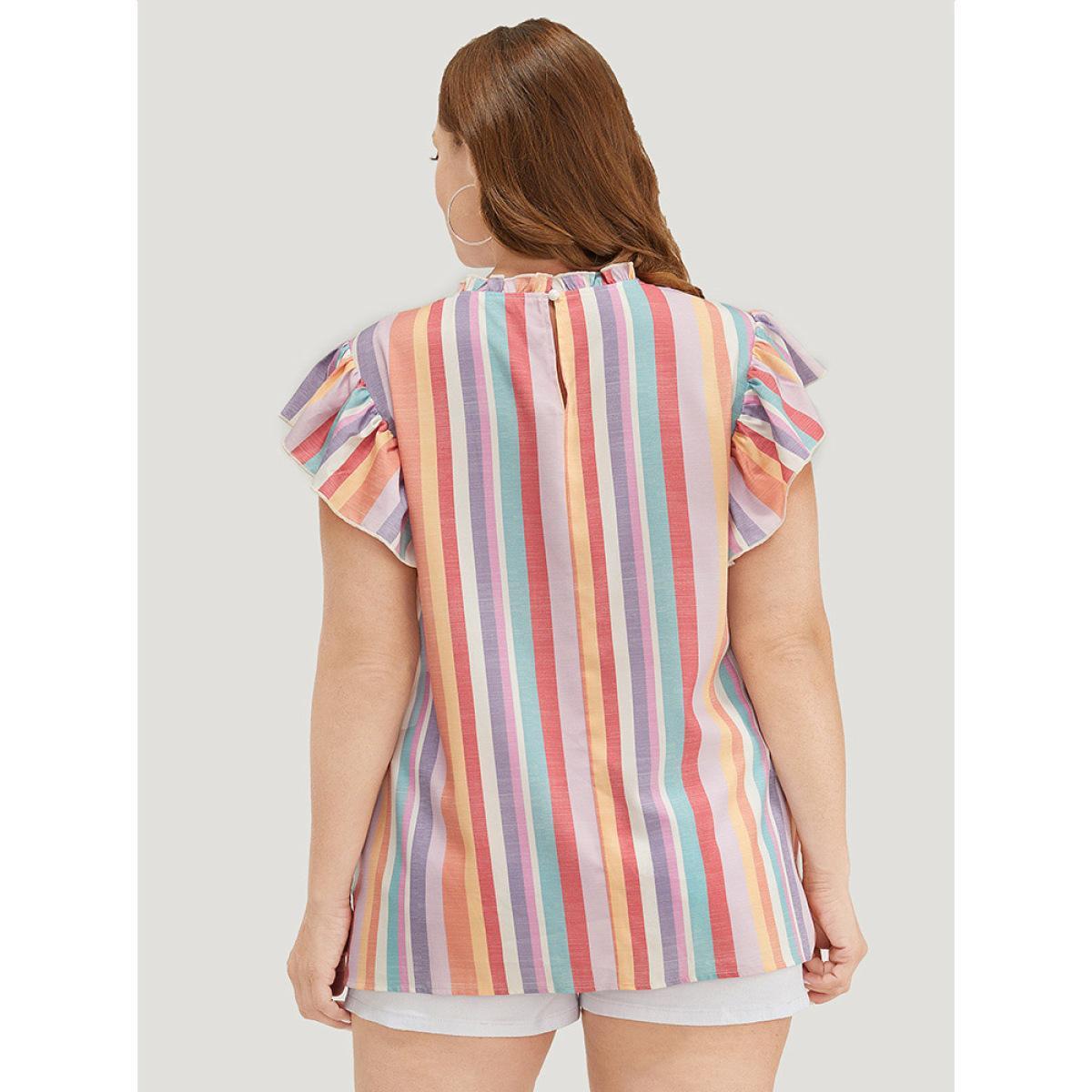 Plus Size Multicolor Striped Contrast Pleated Cap Sleeve Keyhole Frill Trim Blouse Women Vacation Cap Sleeve Mock Neck Dailywear Blouses BloomChic 26/4X Product Image