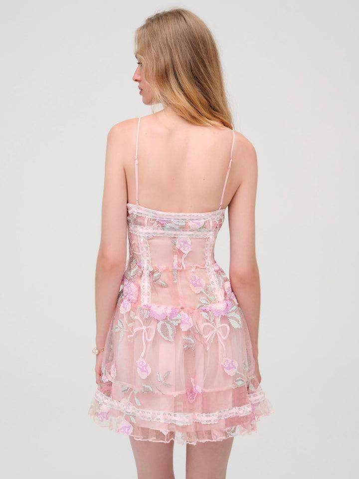 Emmeline Embroidery Ruffled Mini Dress — Pink Product Image