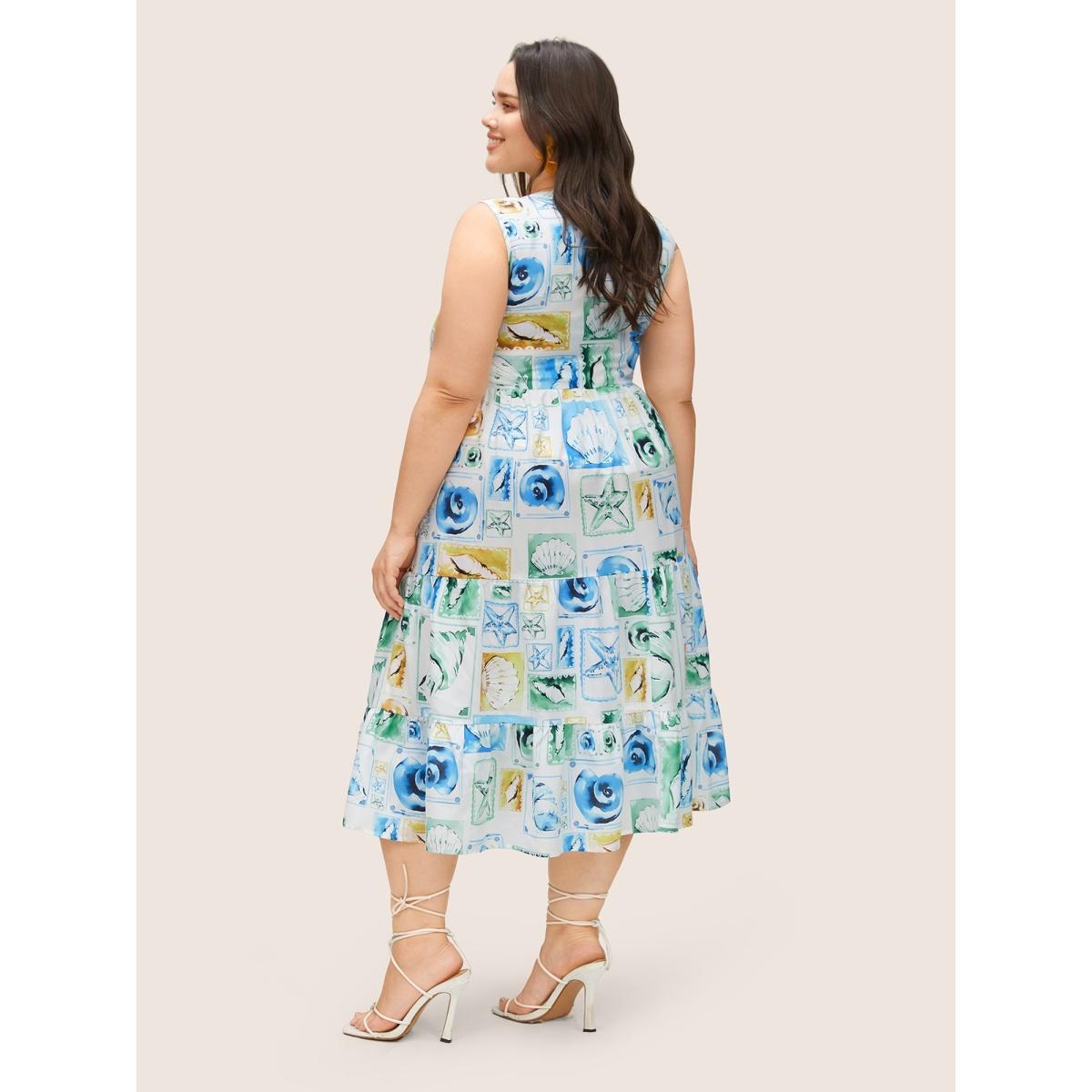 Plus Size Shell Notched Ruffle Layered Hem Tank Dress White Women Resort Non Notched collar Sleeveless Curvy Midi Dress BloomChic 26/4X Product Image