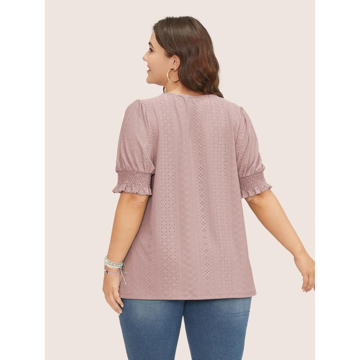 Plus Size Plain Broderie Anglaise Shirred Puff Sleeve Button Detail T-shirt Rouge Women Casual Button Plain V-neck Everyday T-shirts BloomChic 26/4X Product Image