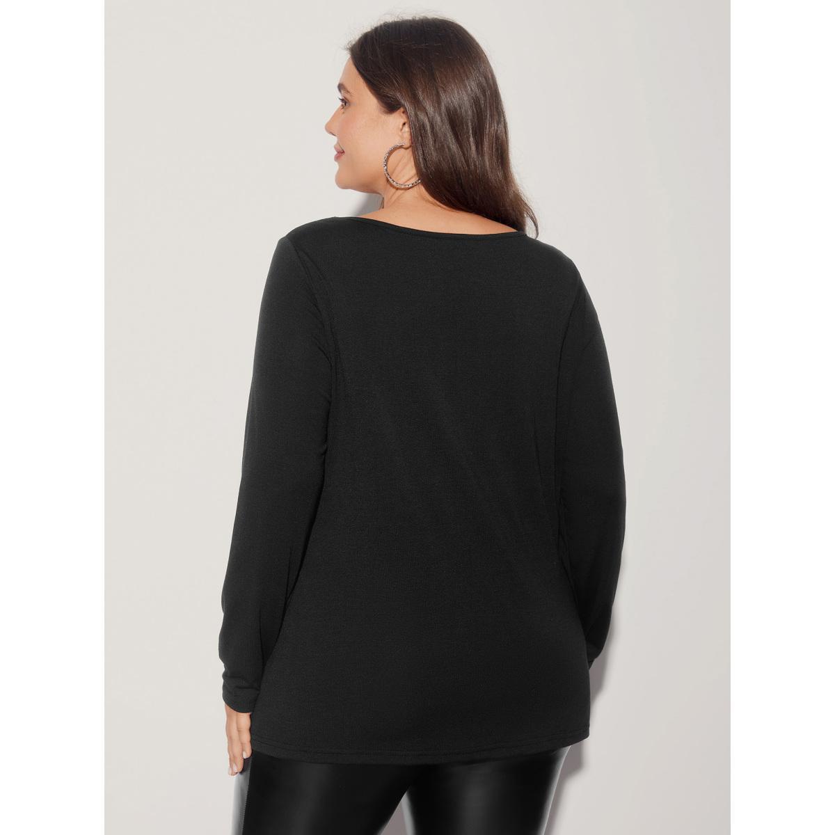 Plus Size Sequin Stretchy Long Sleeve T-shirt Black Women Elegant Rhinestone detailing Heart neckline Everyday T-shirts BloomChic 30/6X Product Image