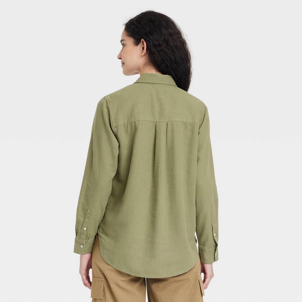 Women's Long Sleeve Collared Linen Button-Down Shirt - Universal Thread™ Olive Green XS Product Image