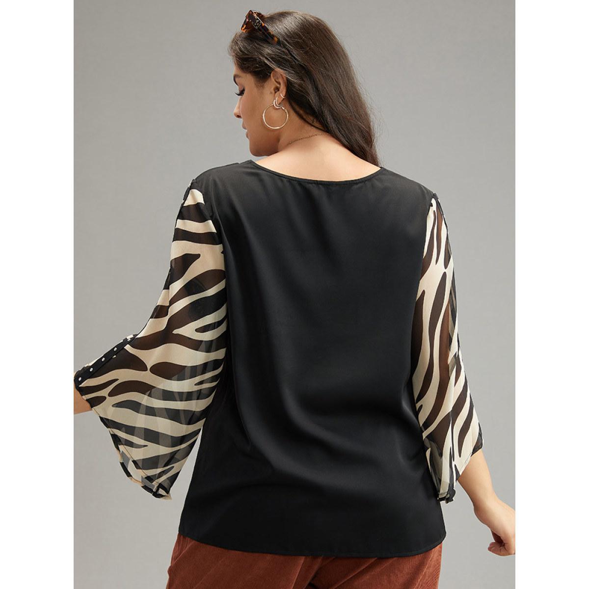 Plus Size Black Zebra Print Chiffon Patchwork Pearl Beaded Blouse Women Elegant Elbow-length sleeve V-neck Dailywear Blouses BloomChic 14-16/1X Product Image