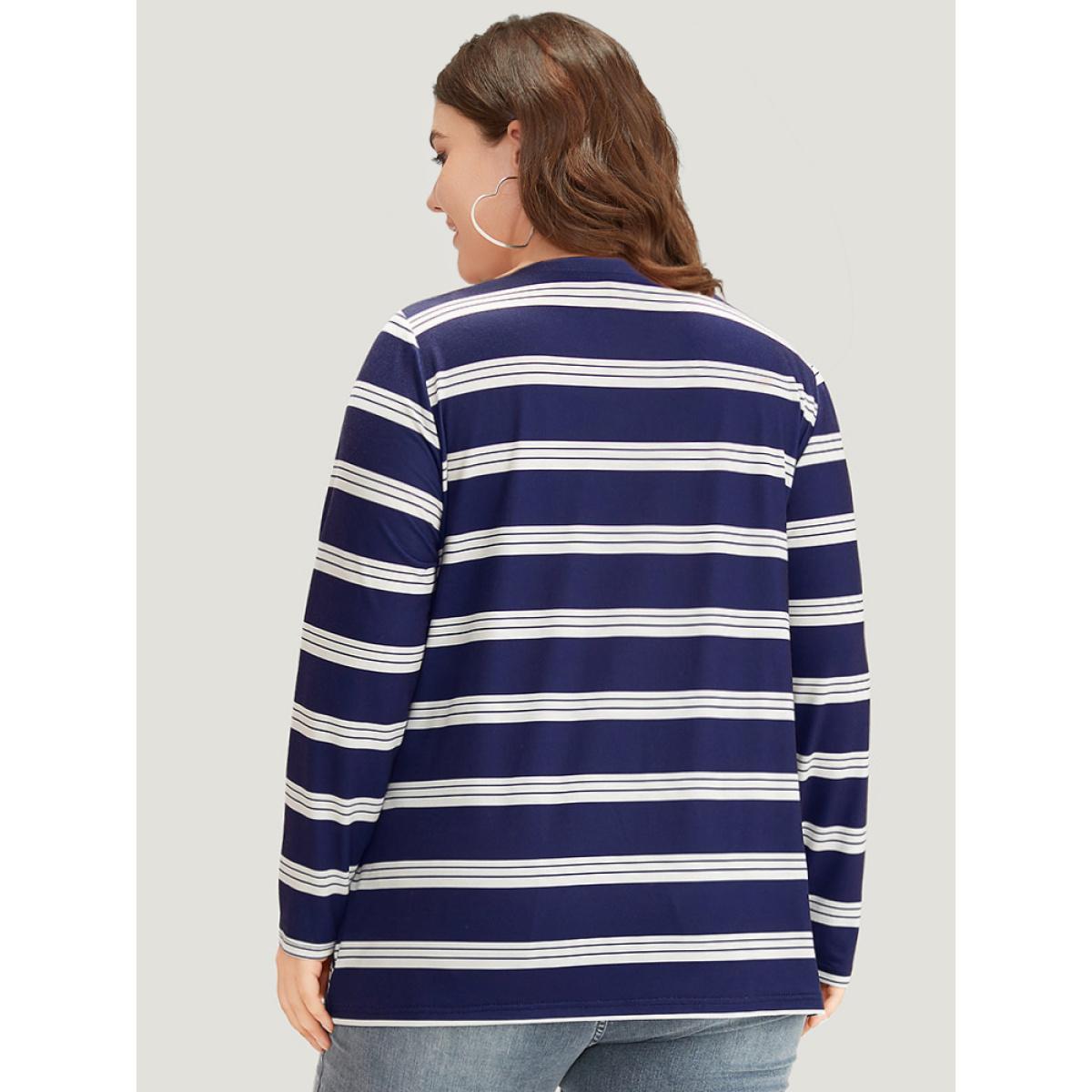 Plus Size Striped Print V Neck T-shirt DarkBlue Women Casual Printed Striped V-neck Dailywear T-shirts BloomChic 18-20/2X Product Image