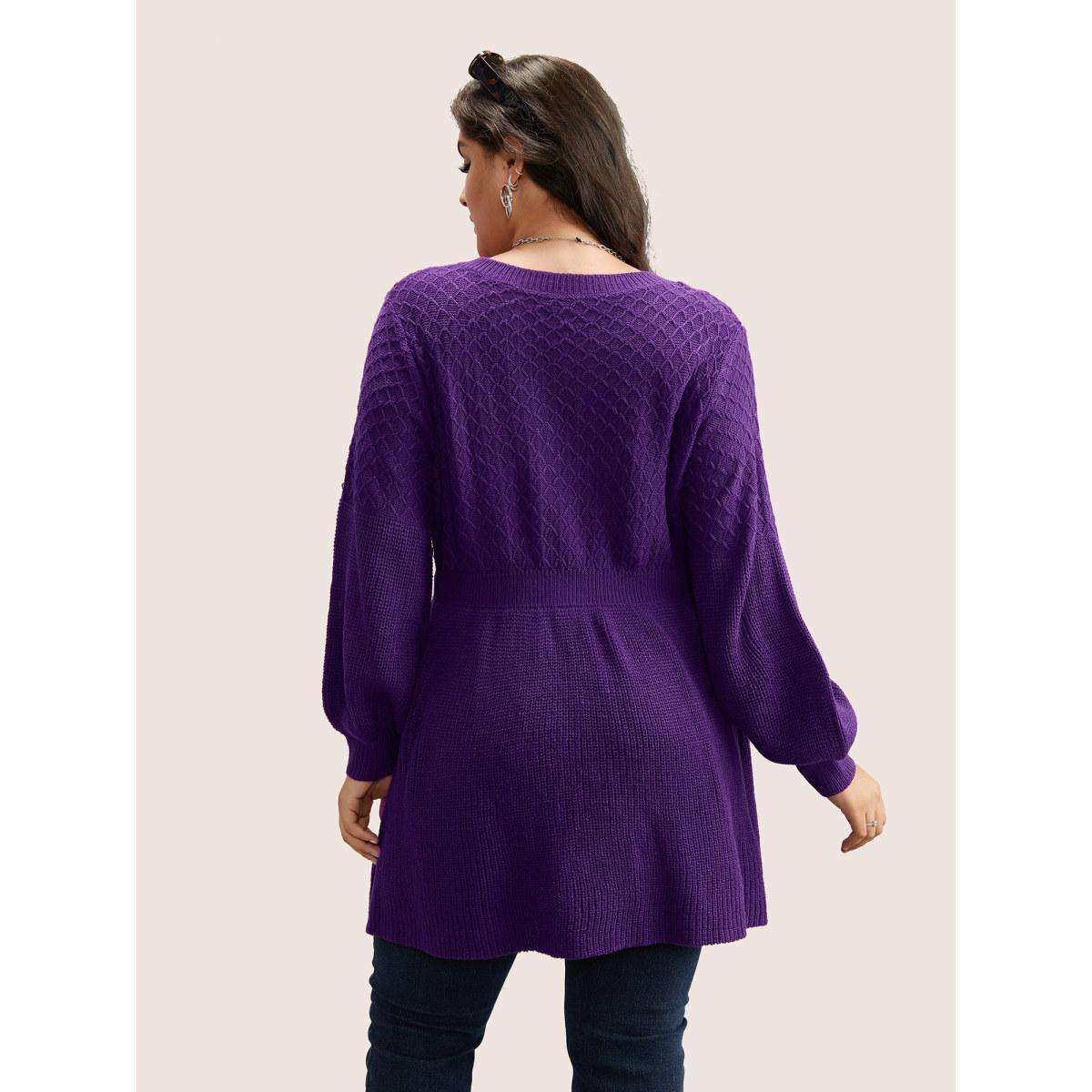 Plus Size Plain Plisse Lantern Sleeve A Line Pullover Eggplant Women Elegant Long Sleeve V-neck Everyday Pullovers BloomChic 10/M Product Image