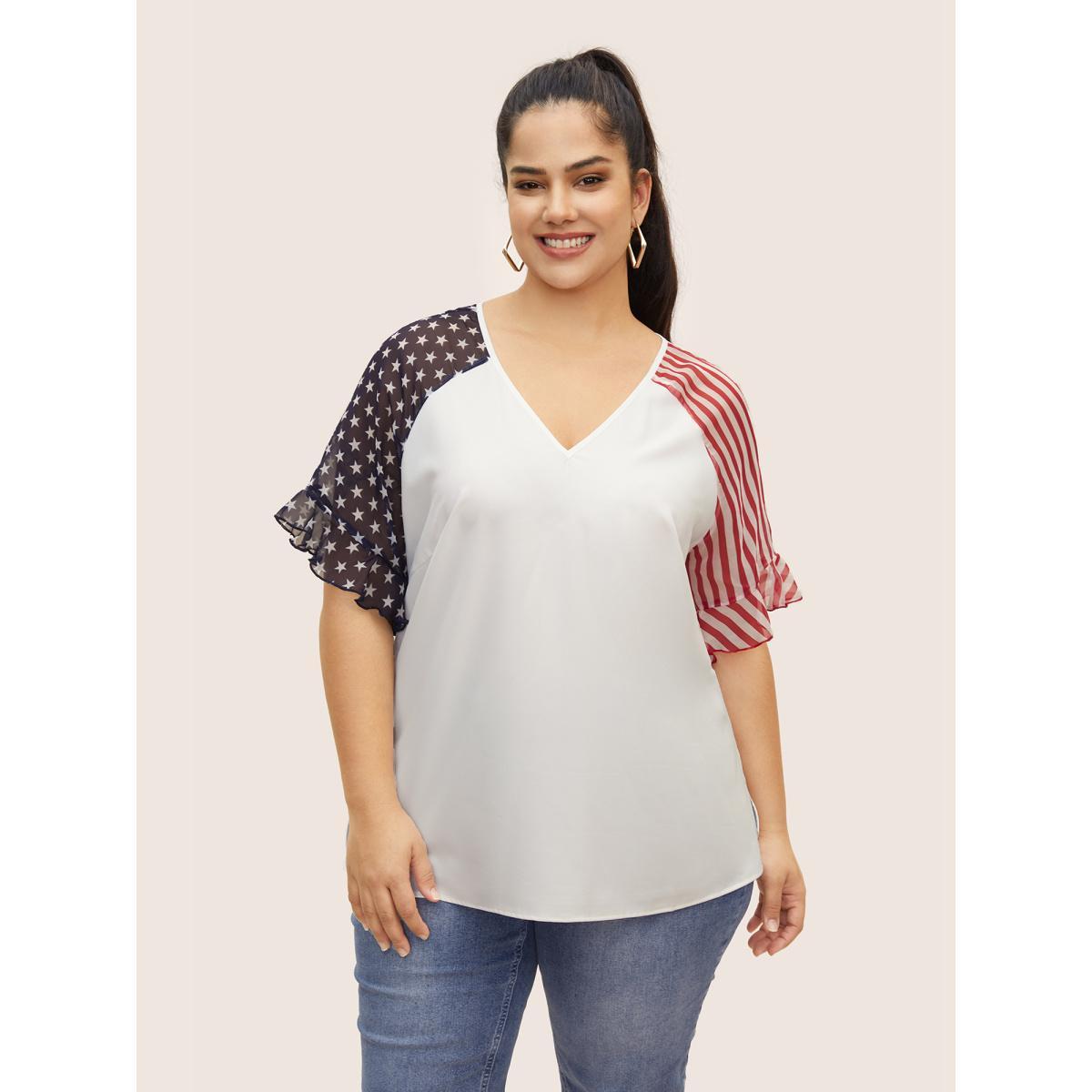 Plus Size Originalwhite Star & Striped Ruffles Raglan Sleeve Blouse Women Casual Short sleeve V-neck Everyday Blouses BloomChic 18-20/2X Product Image