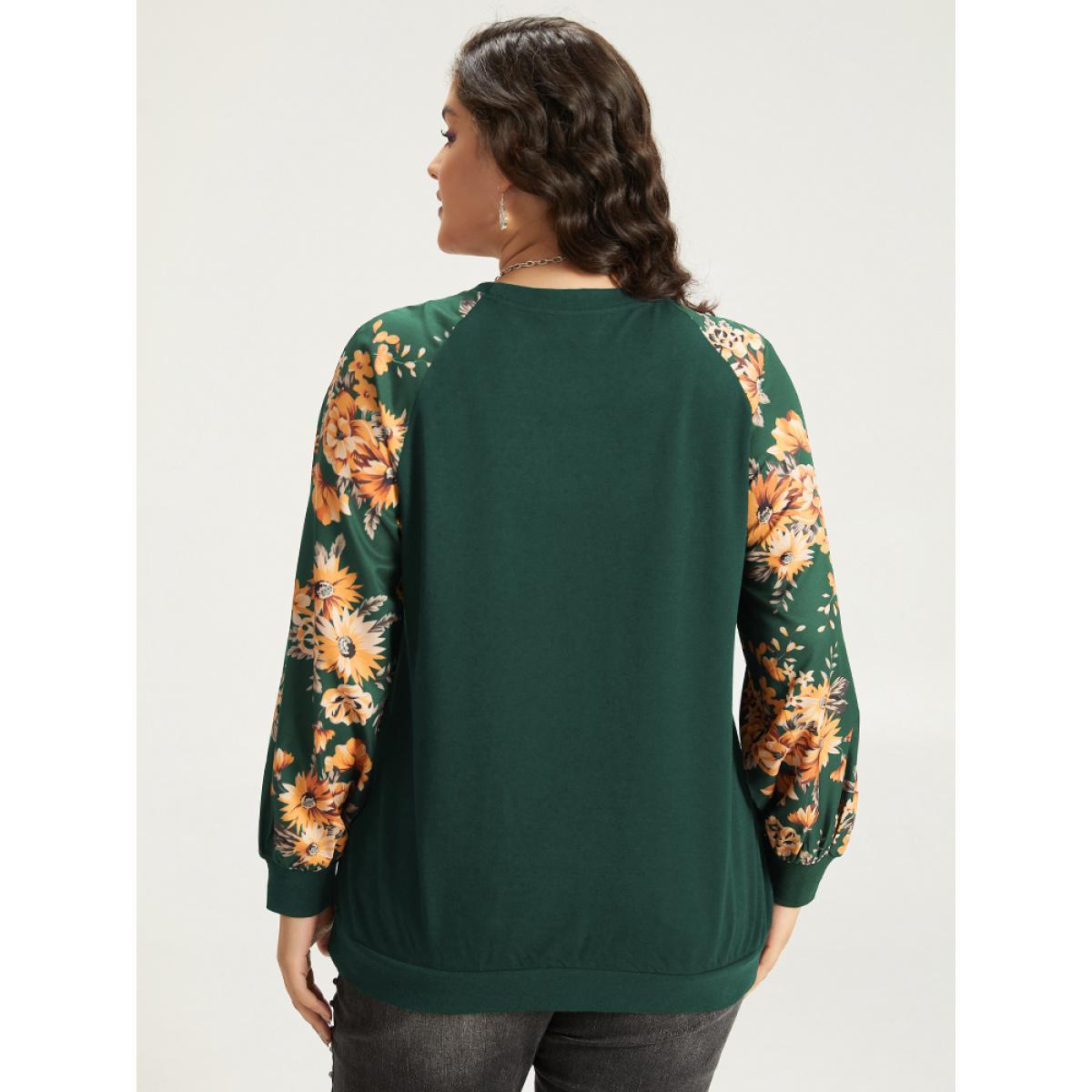 Plus Size Halloween Floral Patchwork Print Raglan Sleeve Sweatshirt Women DarkGreen Casual Elastic cuffs Round Neck Festival-Halloween Sweatshirts BloomChic 12/L Product Image
