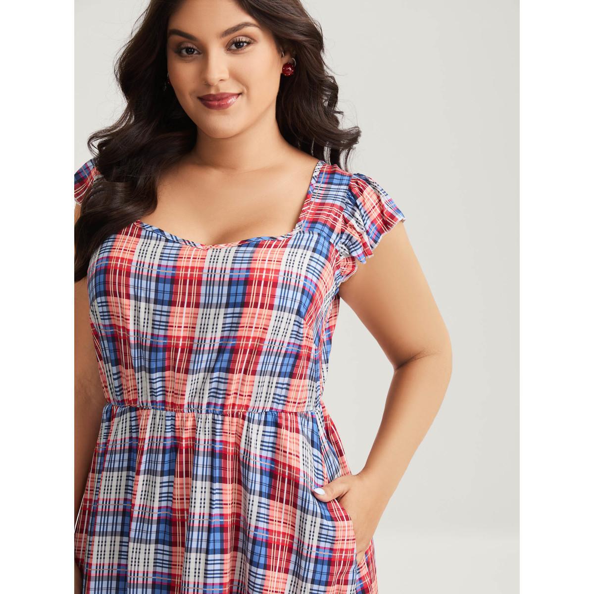 Plus Size Plaid Print Flutter Sleeve Pockets Midi Dress Multicolor Women Heart neckline Cap Sleeve Curvy BloomChic 26/4X Product Image