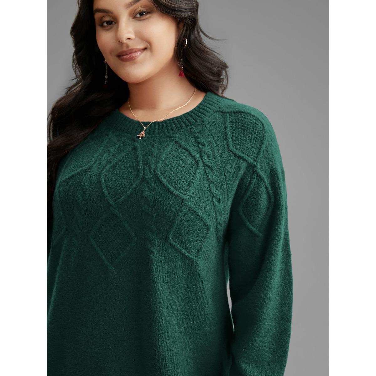 Plus Size Cable Knit Bodice Crew-Neck Pullover DarkGreen Women Casual Loose Long Sleeve Round Neck Everyday Pullovers BloomChic 10/M Product Image