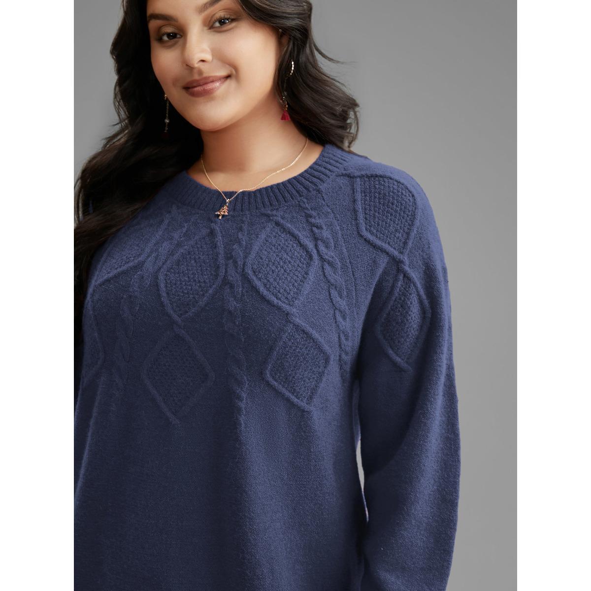 Plus Size Cable Knit Bodice Crew-Neck Pullover Indigo Women Casual Loose Long Sleeve Round Neck Everyday Pullovers BloomChic 26/4X Product Image