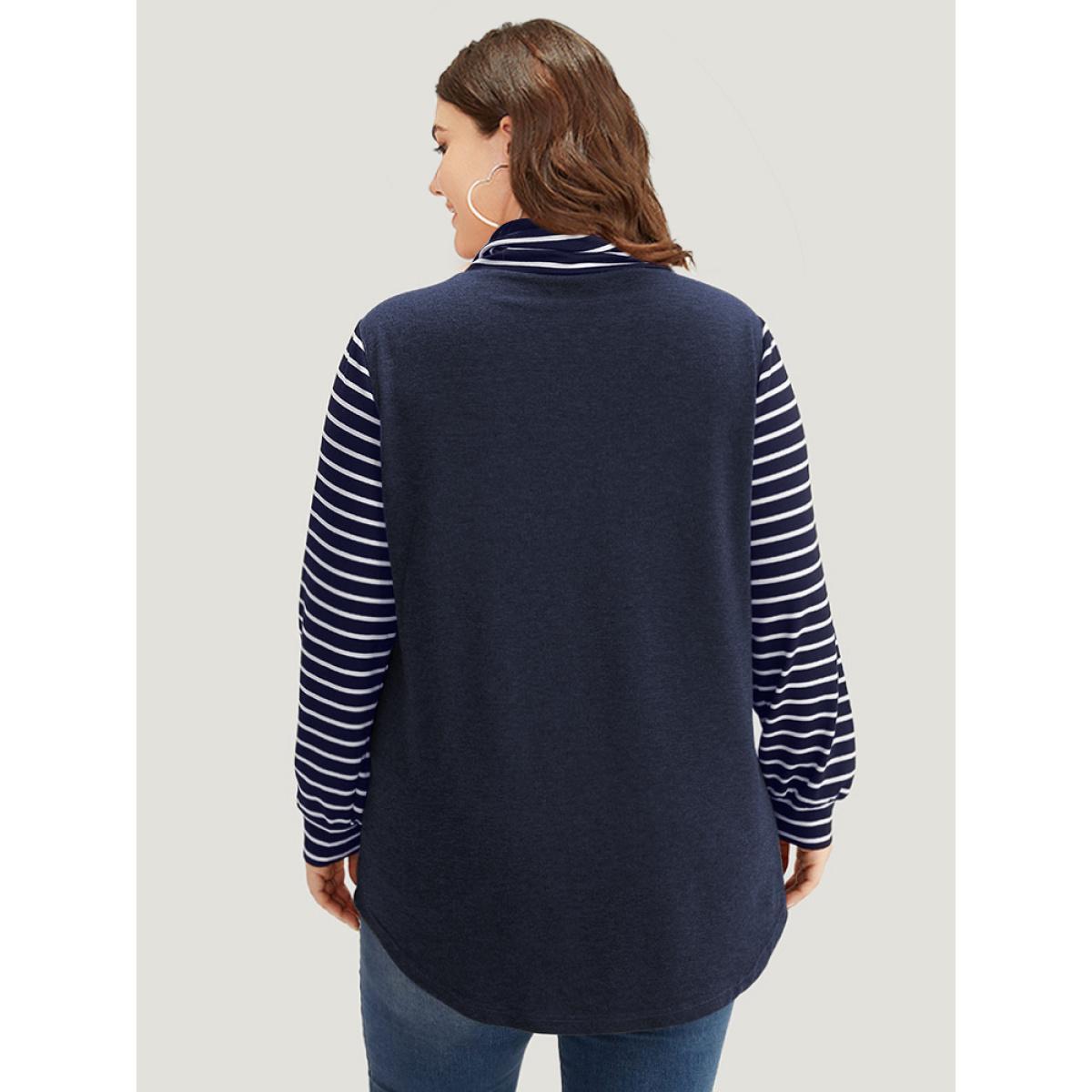 Plus Size Mock Neck Striped Patchwork Drawstring Sweatshirt Women Indigo Casual Contrast Mock Neck Everyday Sweatshirts BloomChic 22-24/3X Product Image