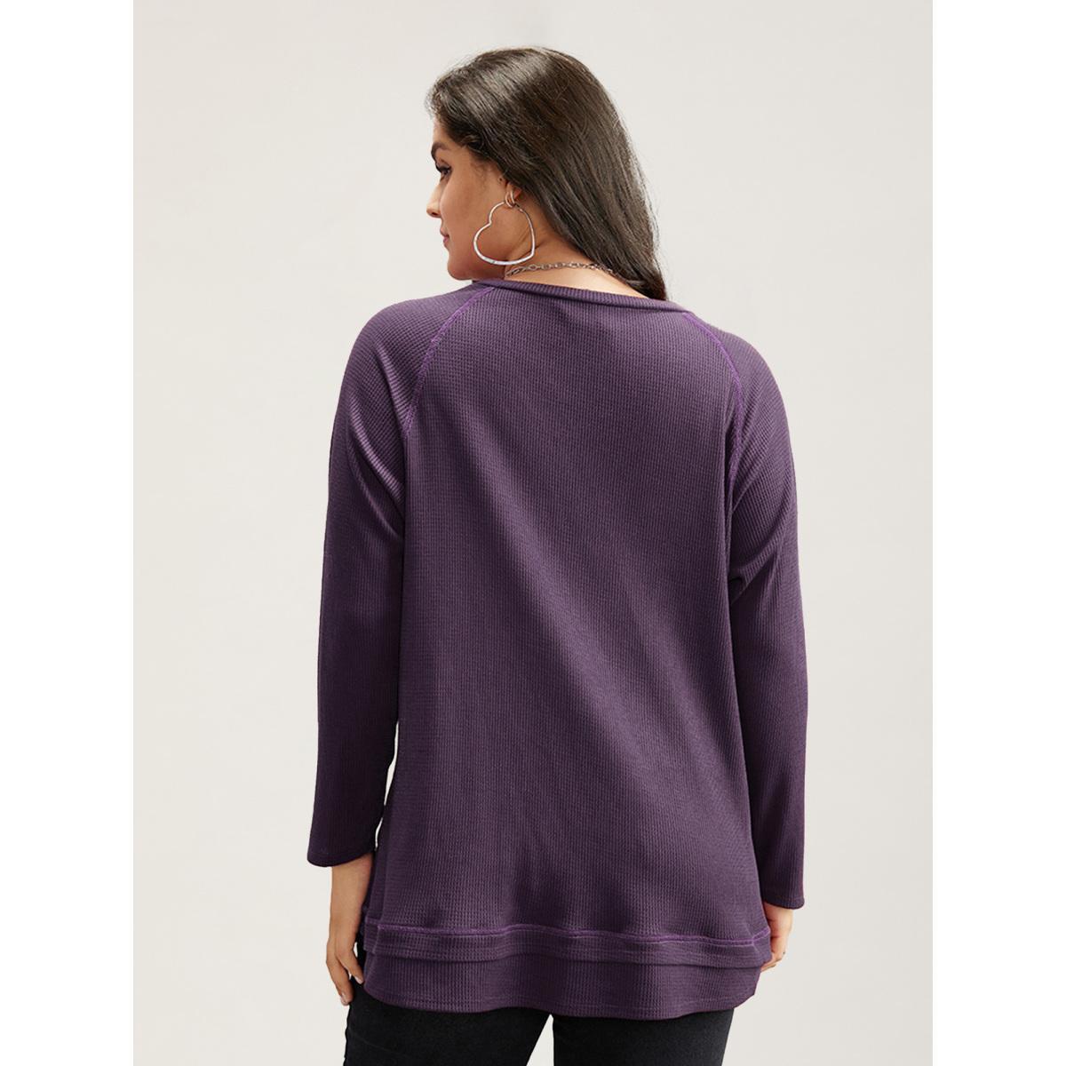 Plus Size Plain Textured Stitch Raglan Sleeve Sweatshirt Women Eggplant Casual Plain V-neck Everyday Sweatshirts BloomChic 22-24/3X Product Image