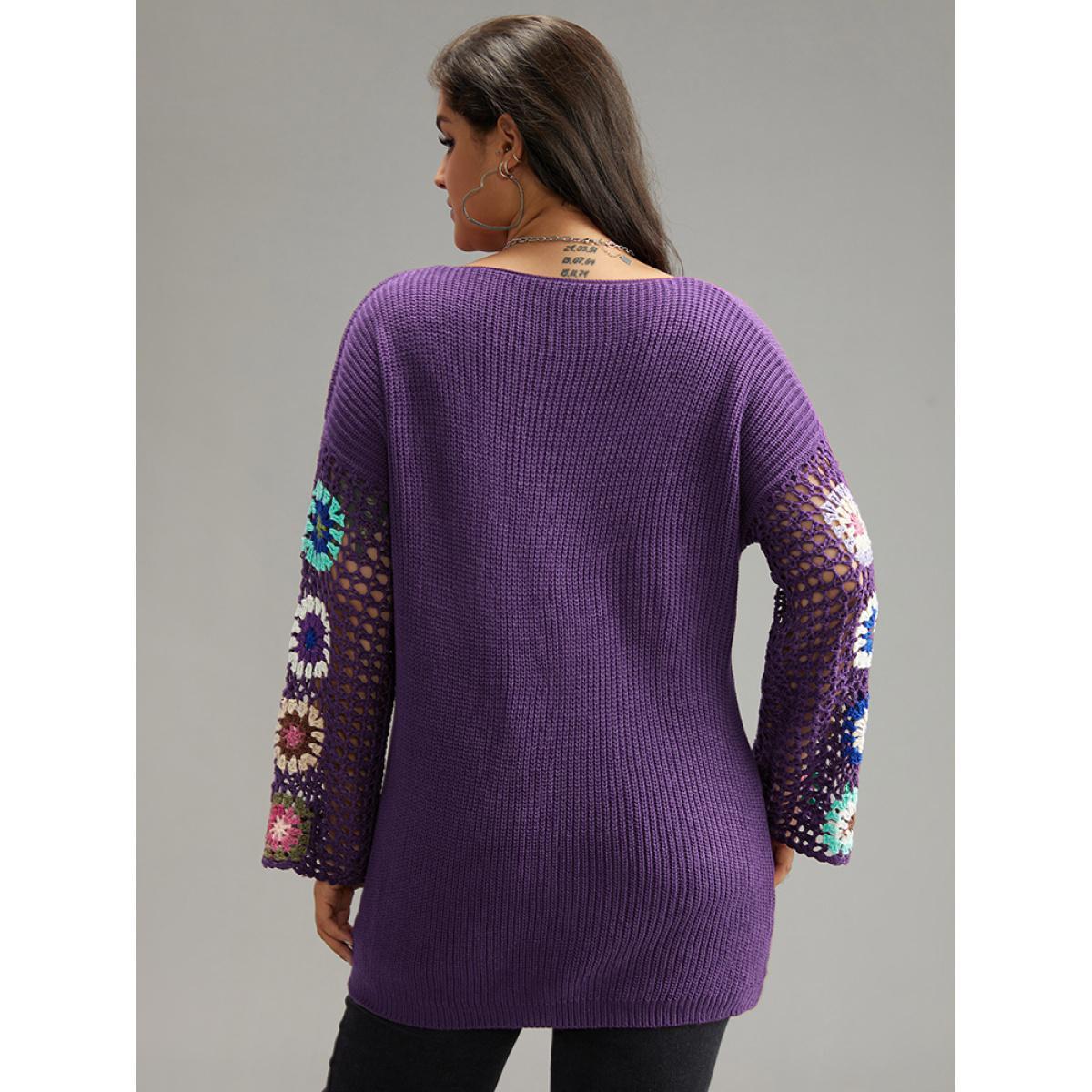 Plus Size Floral Embroidered Hollow Out Pullover Purple Women Casual Long Sleeve V-neck Everyday Pullovers BloomChic 12/L Product Image