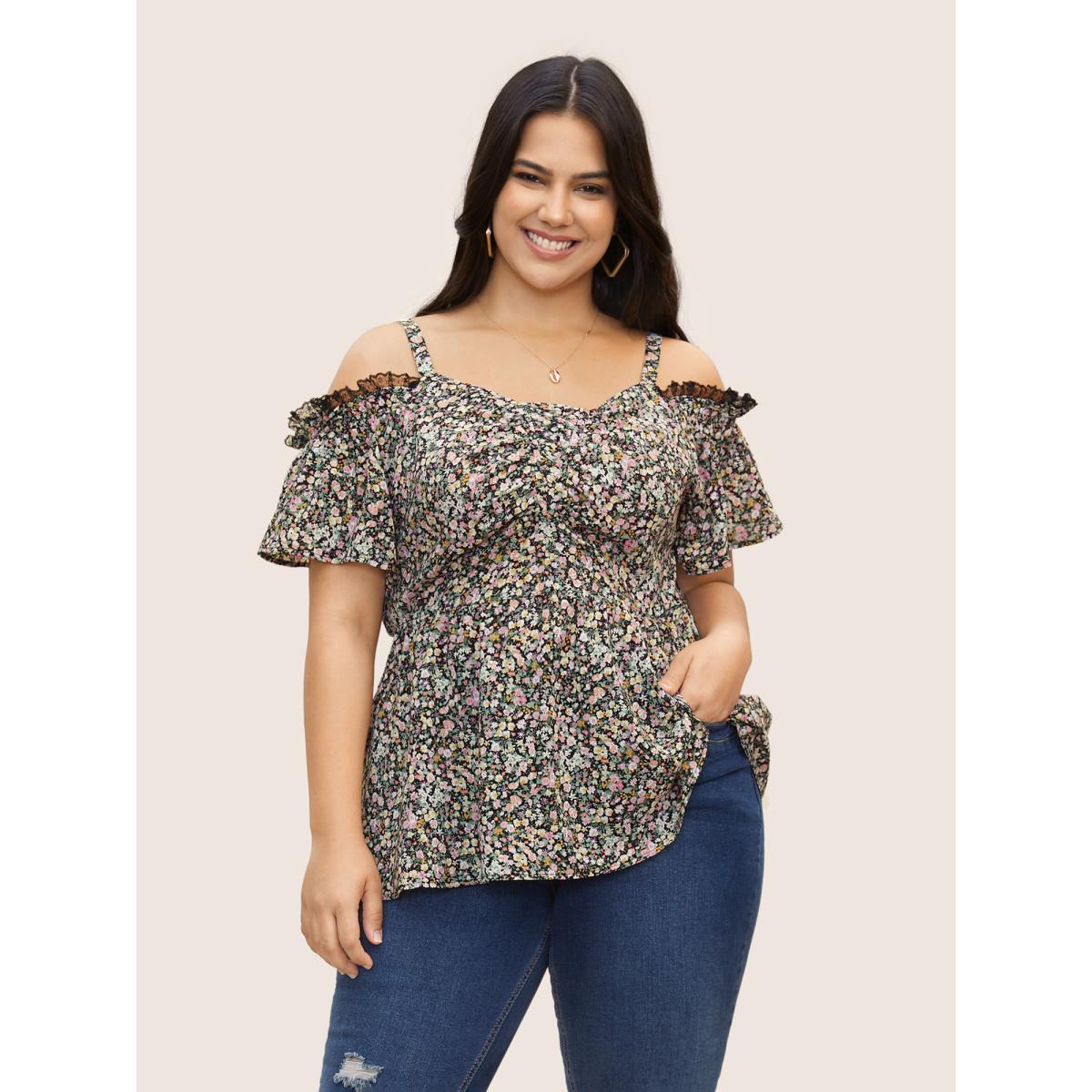 Plus Size Black Off Shoulder Ditsy Floral Lace Panel Blouse Women Elegant Short sleeve One-shoulder neck Everyday Blouses BloomChic 14-16/1X Product Image