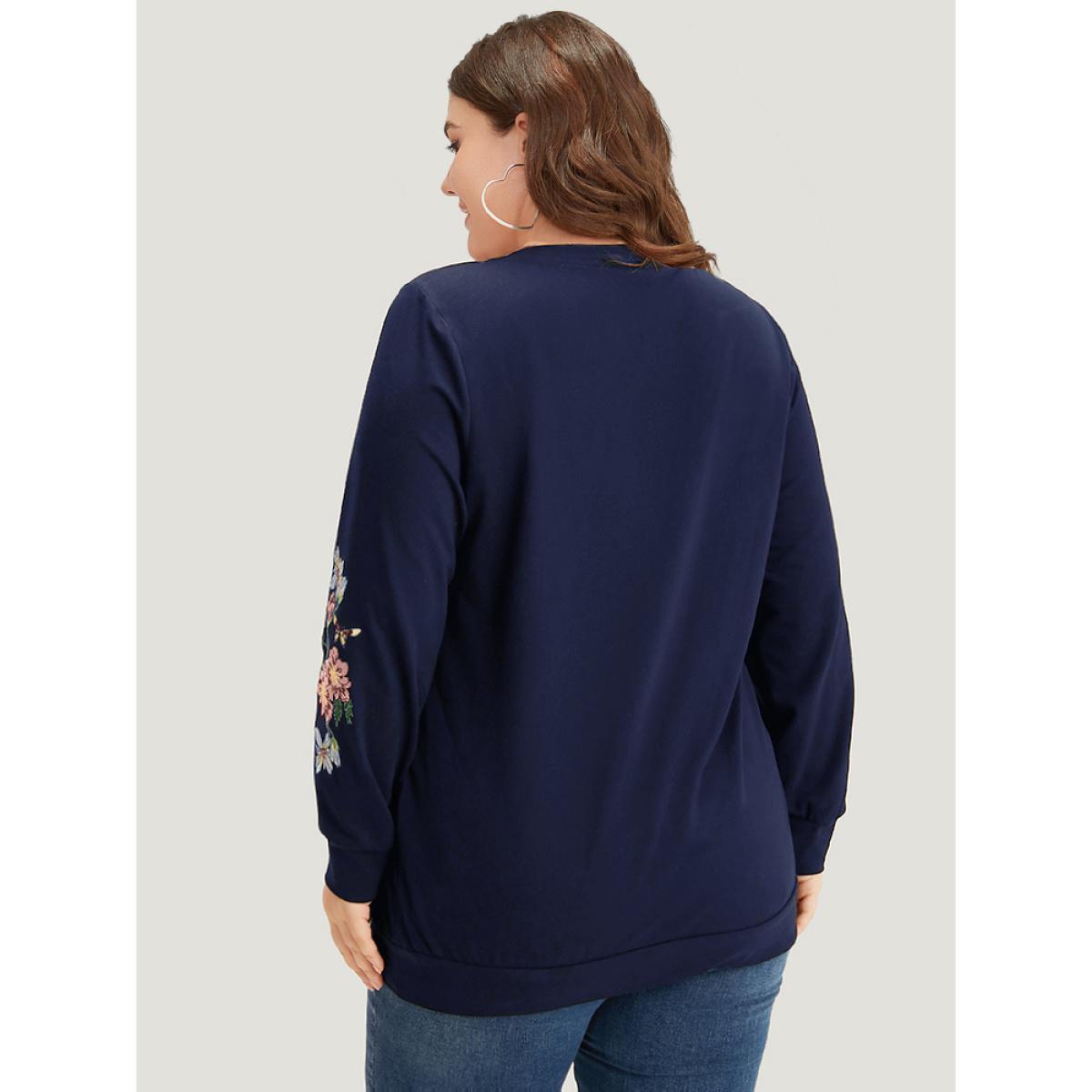Plus Size Floral Embroidered Elastic Cuffs V Neck Sweatshirt Women DarkBlue Elegant Elastic cuffs V-neck Dailywear Sweatshirts BloomChic 22-24/3X Product Image