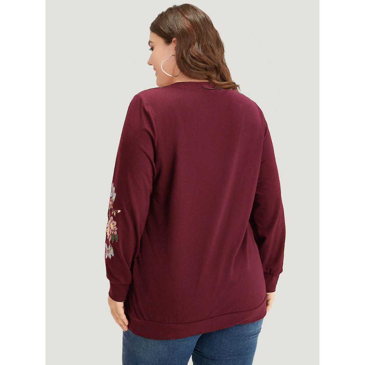 Plus Size Floral Embroidered Elastic Cuffs V Neck Sweatshirt Women DarkBlue Elegant Elastic cuffs V-neck Dailywear Sweatshirts BloomChic 22-24/3X Product Image