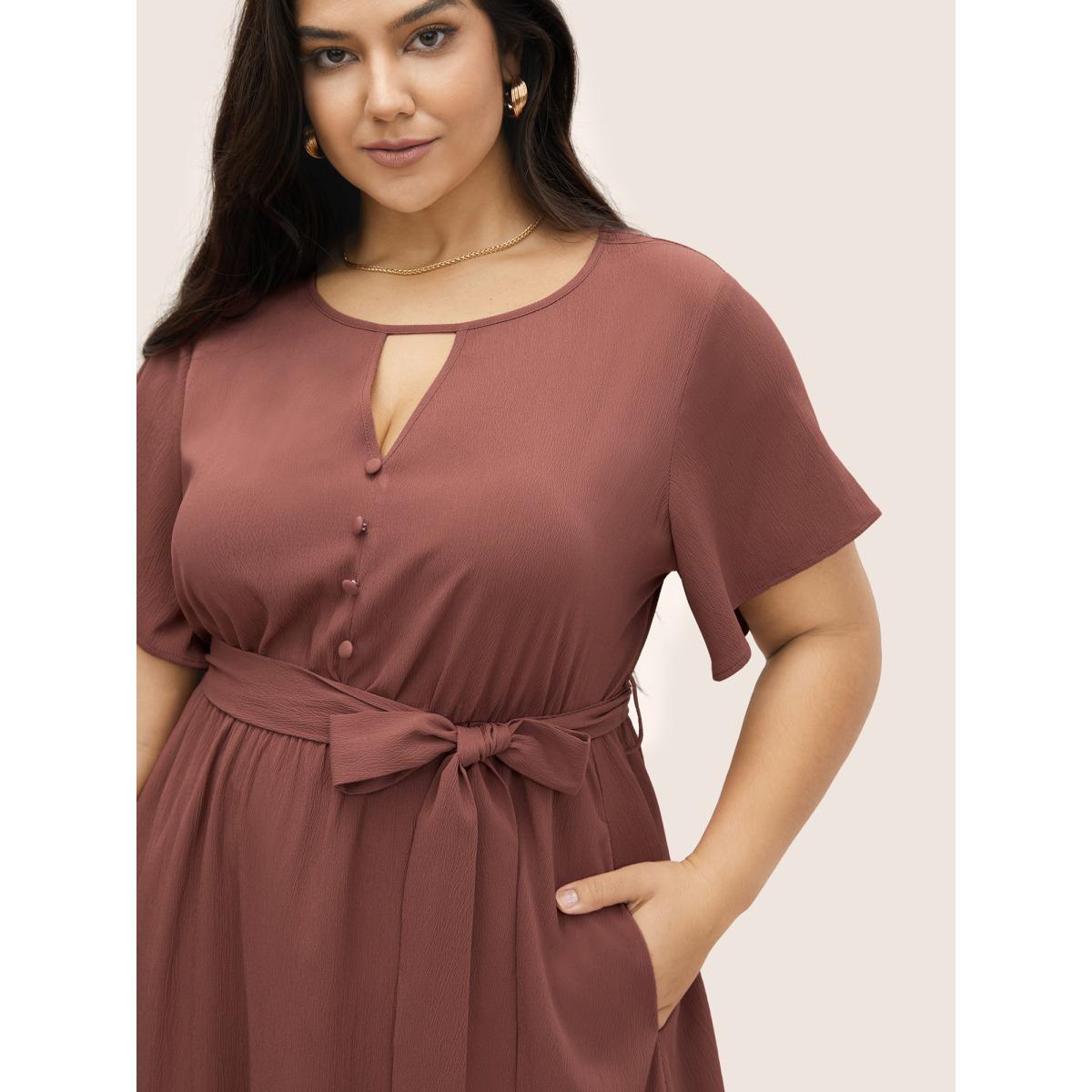 Plus Size Anti-Wrinkle Keyhole Button Detail Belted Dress Maroon Women At the Office Belted Round Neck Short sleeve Curvy Midi Dress BloomChic 14-16/1X Product Image
