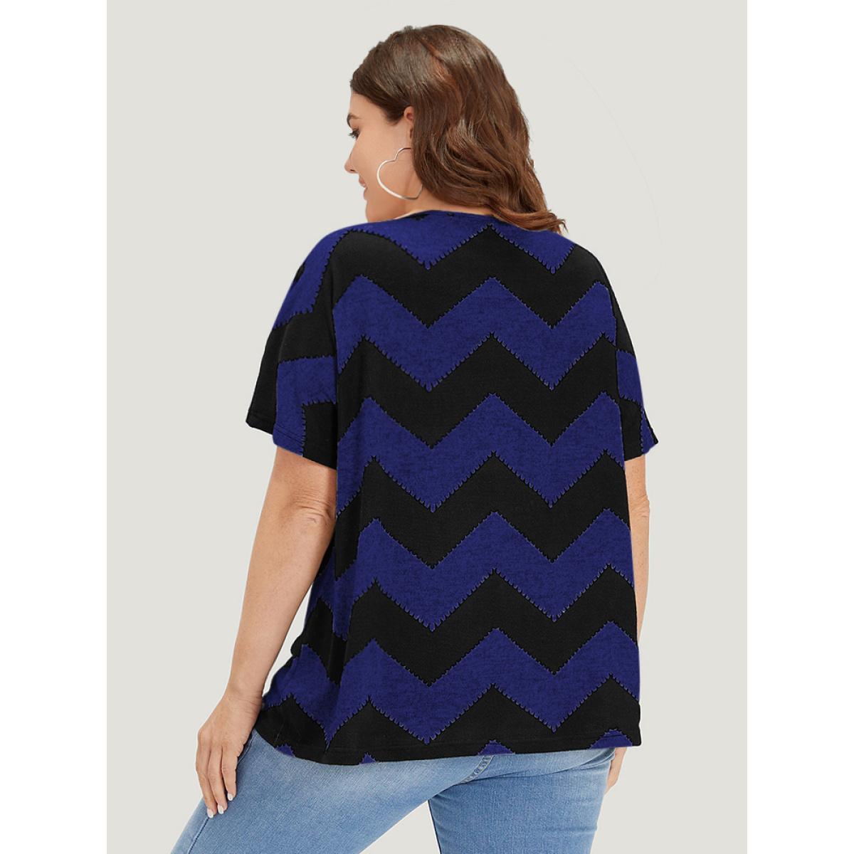 Plus Size Striped Zipper Batwing Sleeve T-shirt Blue Women Casual Zipper Striped V-neck Dailywear T-shirts BloomChic 30/6X Product Image