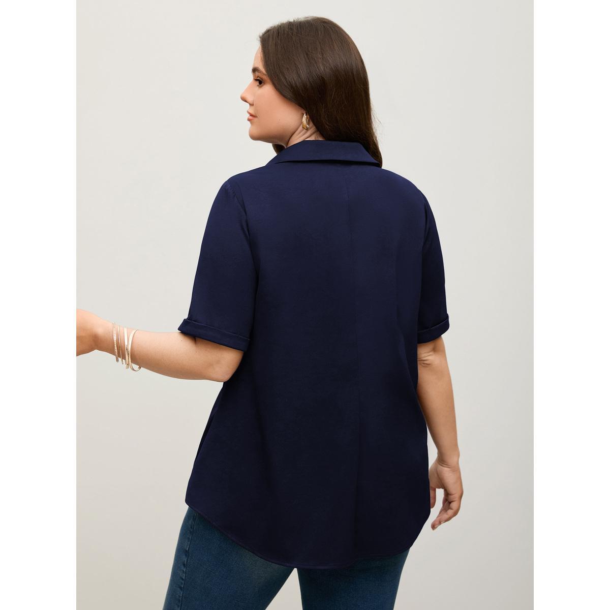 Plus Size Black Knotted Front Asymmetrical Hem Blouse Women Short sleeve Shirt collar Work Blouses BloomChic 12/L Product Image