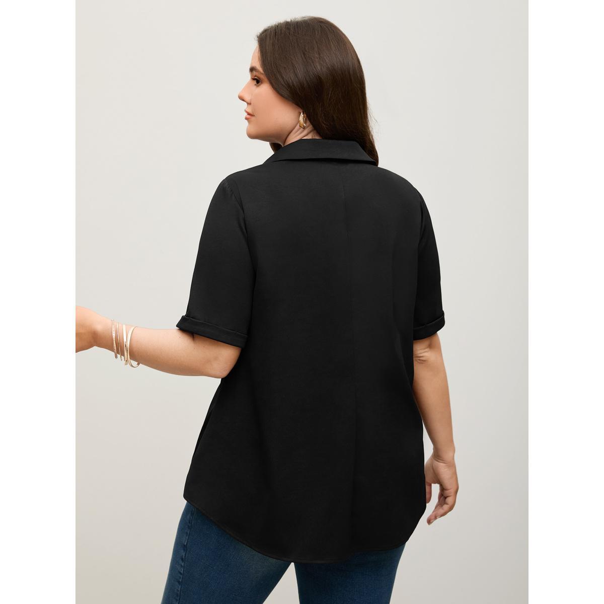 Plus Size Black Knotted Front Asymmetrical Hem Blouse Women Short sleeve Shirt collar Work Blouses BloomChic 12/L Product Image