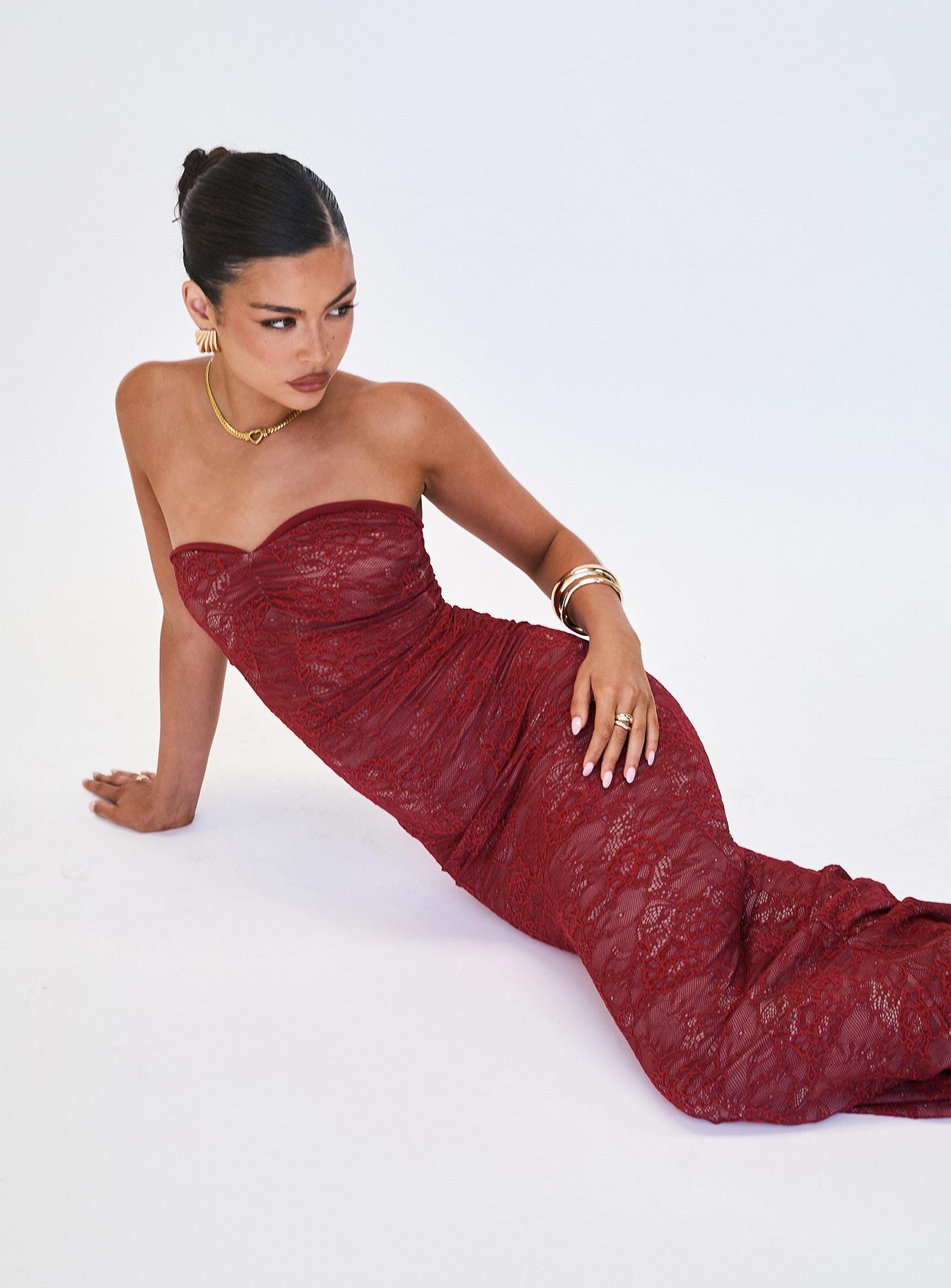 Hailees Lace Strapless Maxi Dress Red Product Image