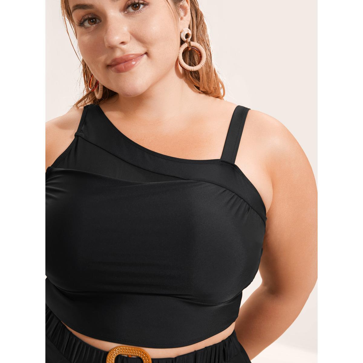 Plus Size Asymmetrical Neck Mesh Patchwork Swim Top Women's Swimwear Black Beach See through High stretch Skinny Asymmetrical Neck Curve Swim Tops BloomChic 18-20/2X Product Image