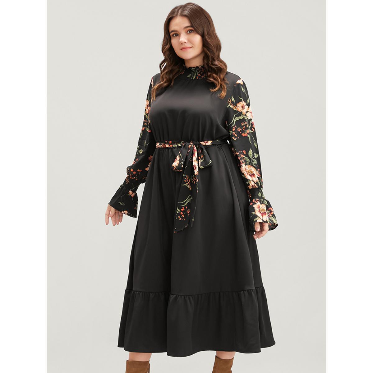 Plus Size Floral Patchwork Lantern Sleeve Pocket Belted Shirred Mock Neck Dress Black Women Elegant Patchwork Mock Neck Long Sleeve Curvy Midi Dress BloomChic 30/6X Product Image