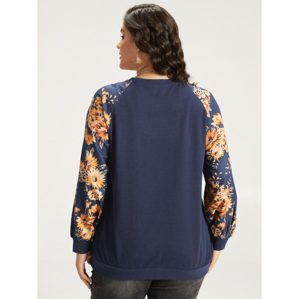 Plus Size Halloween Floral Patchwork Print Raglan Sleeve Sweatshirt Women Red Casual Elastic cuffs Round Neck Festival-Halloween Sweatshirts BloomChic 22-24/3X Product Image