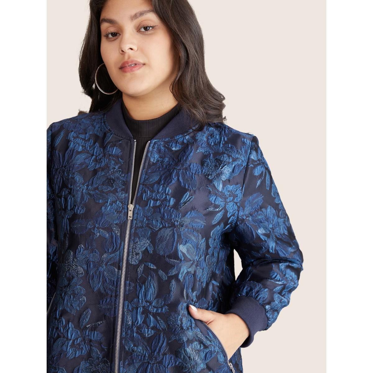 Plus Size Floral Patchwork Zipper Jacquard Jacket Women Indigo Elastic cuffs Pocket Everyday Jackets BloomChic 22-24/3X Product Image