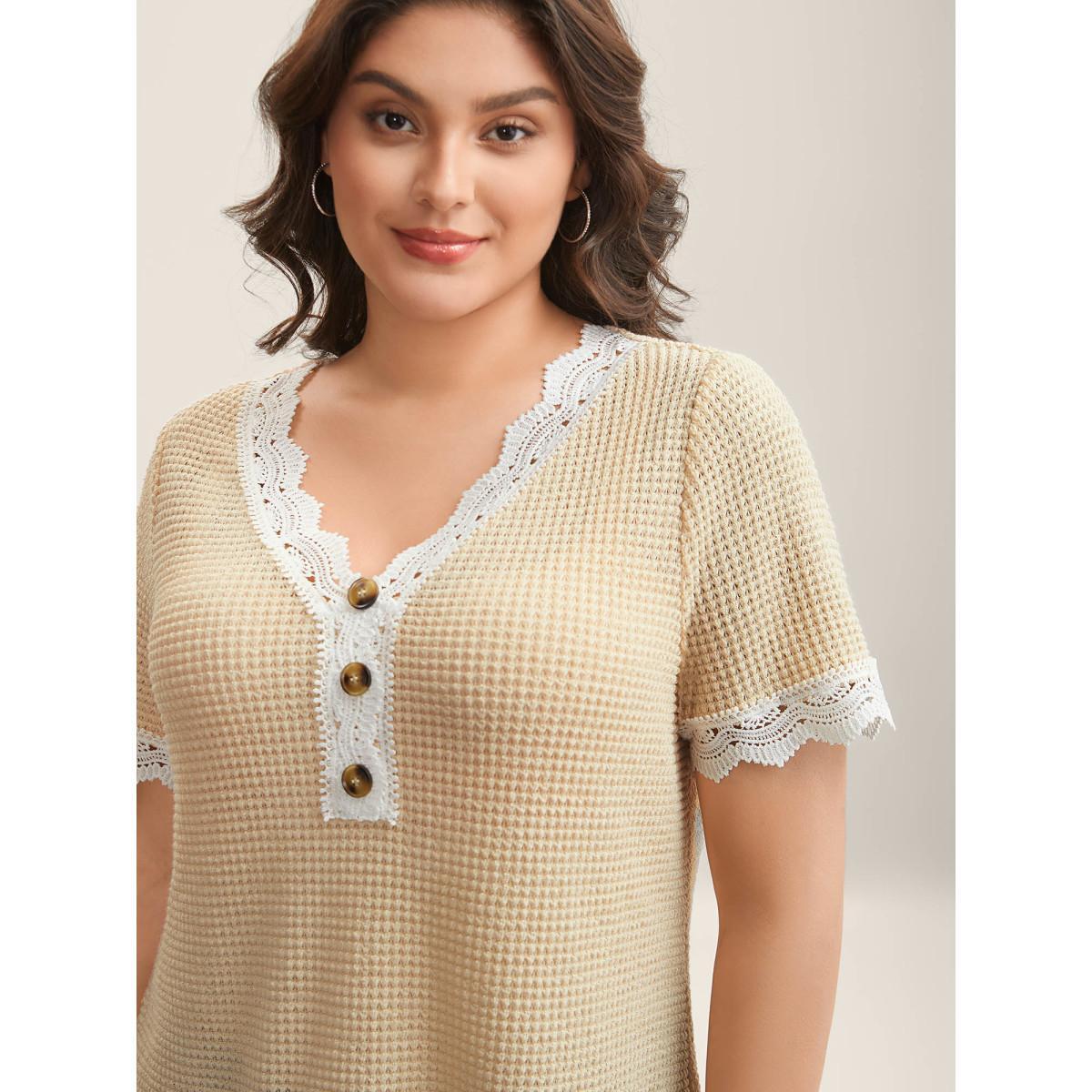 Plus Size Sheer Waffle Textured Lace Trim T-Shirt Beige Women Woven ribbon&lace trim V-neck Everyday-Casual T-shirts BloomChic 10/M Product Image