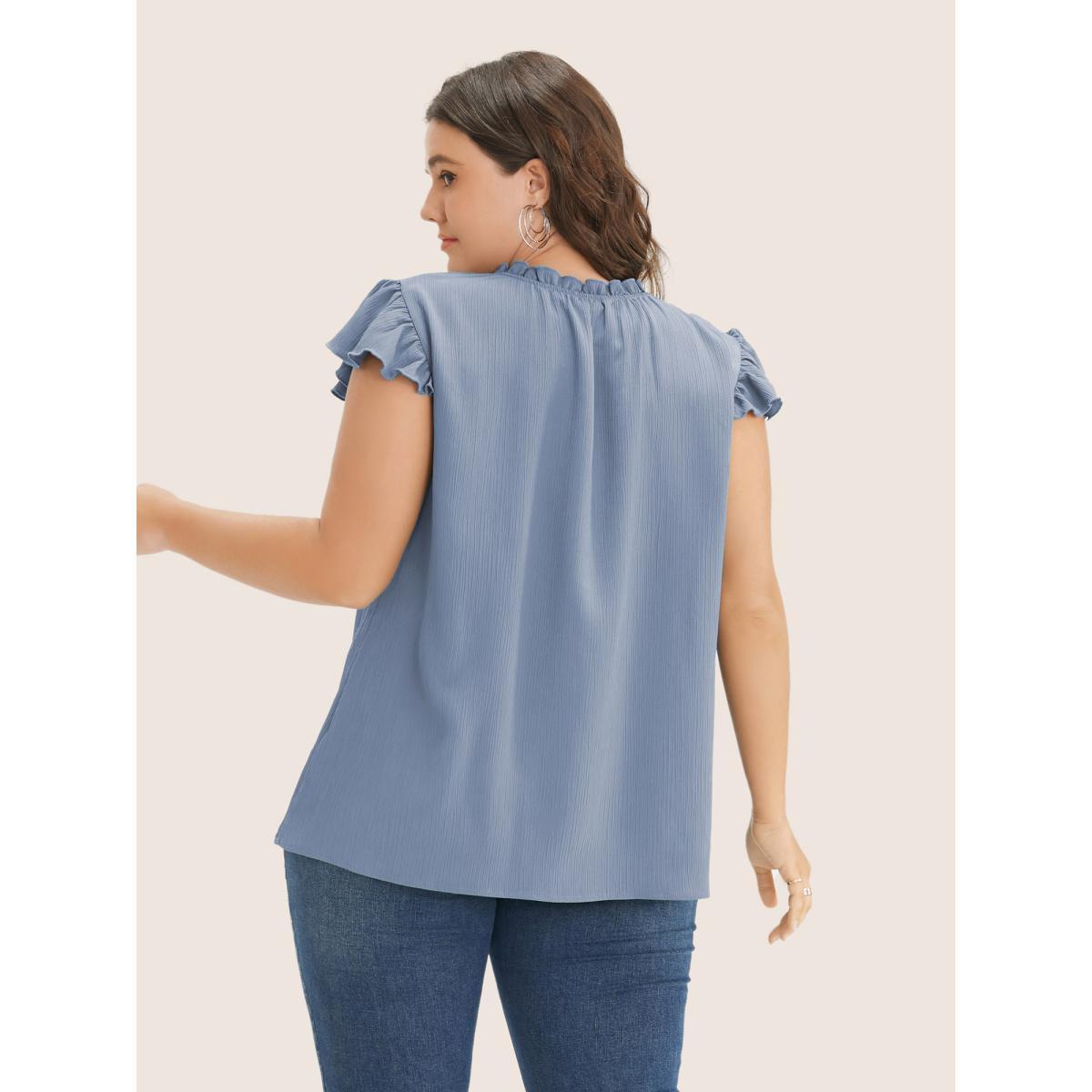 Plus Size Stone Plain Mock Neck Cap Sleeve Ruffle Trim Blouse Women Elegant Short sleeve Mock Neck Everyday Blouses BloomChic 28/5X Product Image