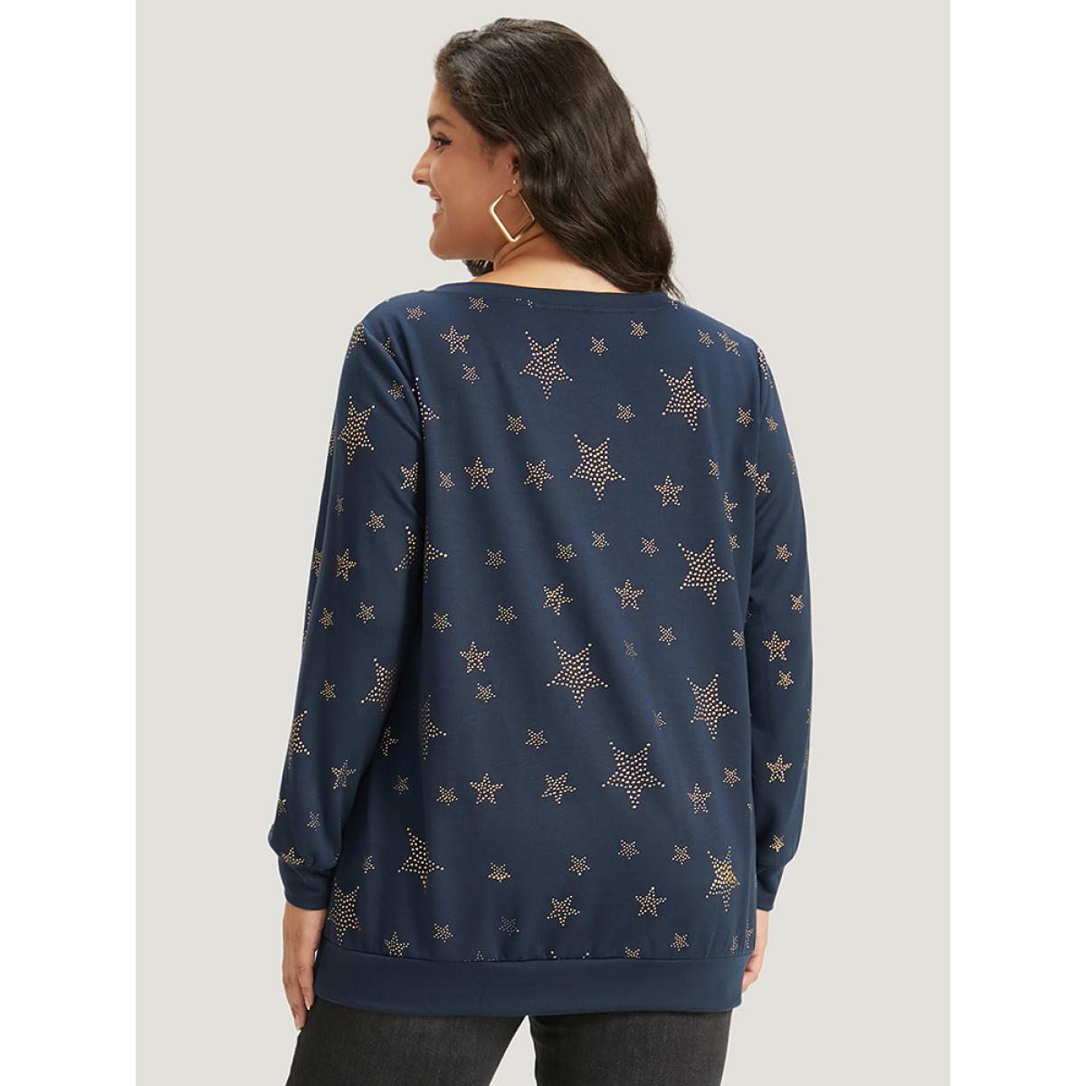 Plus Size Star Glitter Print V Neck Elastic Cuffs Sweatshirt Women Indigo Casual Elastic cuffs V-neck Dailywear Sweatshirts BloomChic 28/5X Product Image