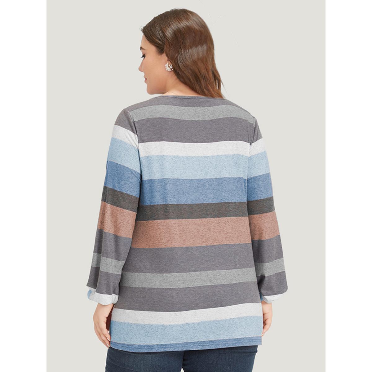 Plus Size Colour Striped Contrast Crisscross Lantern Sleeve T-shirt Blue Women Casual Elastic cuffs Striped V-neck Dailywear T-shirts BloomChic 30/6X Product Image